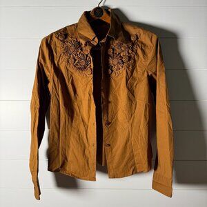Q.U.E. Long Sleeve Button Down Blouse Copper Embellished Flowers Size 10